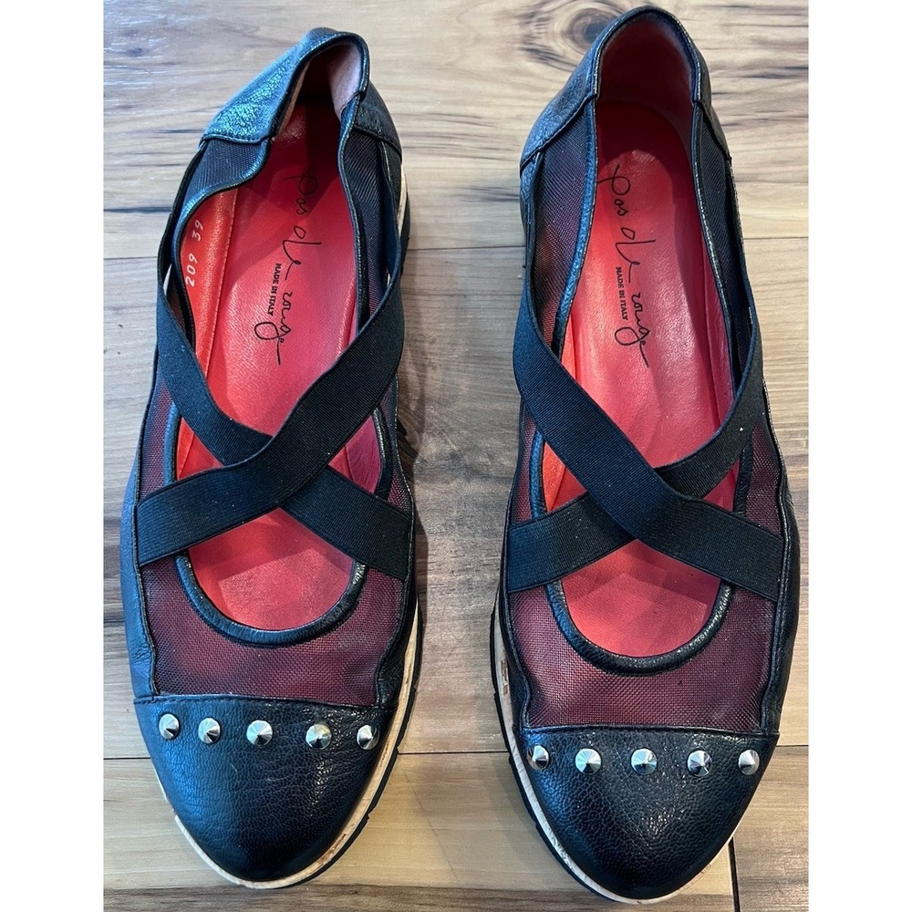 Pas de‎ Rouge Italy Studded Mary Jane Flats Mesh Elastic Strap Black 39